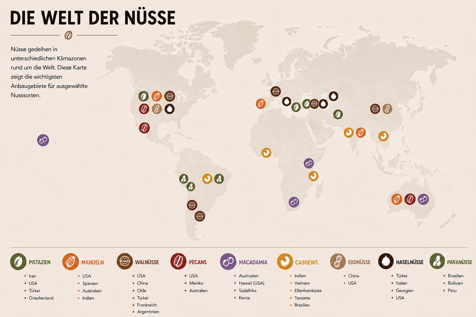 Karte der weltweiten Nussanbaugebiete